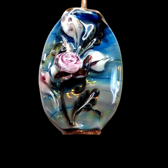 Signed Jewelry - SLDeb Vintage Unique Lampwork Art Glass Floral Flower 2" L Pendant Signed Peraza